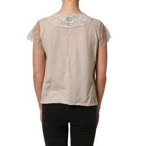 PINK MEMORIES Beige Cotton Lace Detailing Round Neck Women's Top